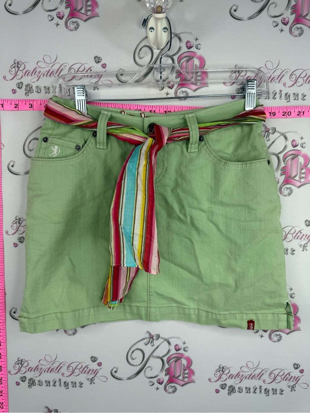 Esprit vintage skirt rare Light Green Mini Skirt with Multicolor Striped Tie
